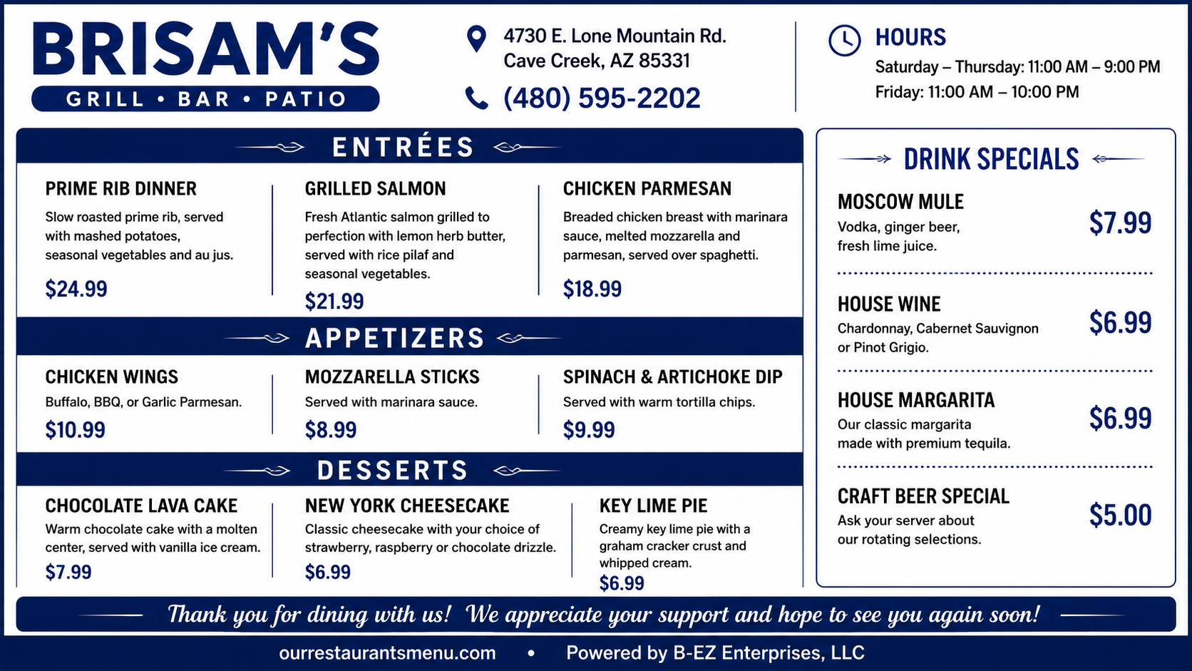 Preview of a blue and white restaurant specials menu displayed in landscape format